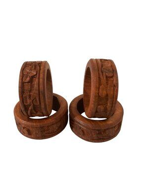 Set Of 4 Hand-Carved Wooden Napkin Rings With Floral Design Rustic Table Decor